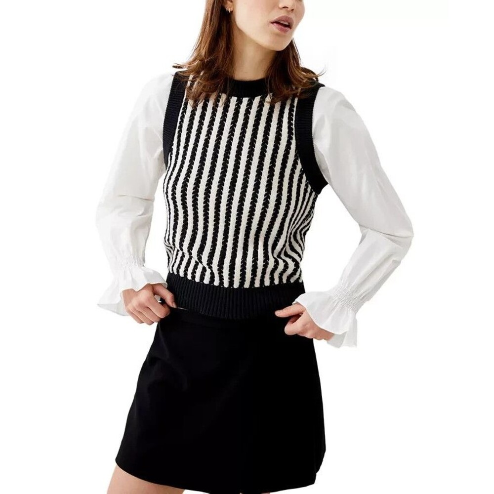 French Connection Women's Long sleeves ruffle cuffs Mixed Media Vest Knit Top 12